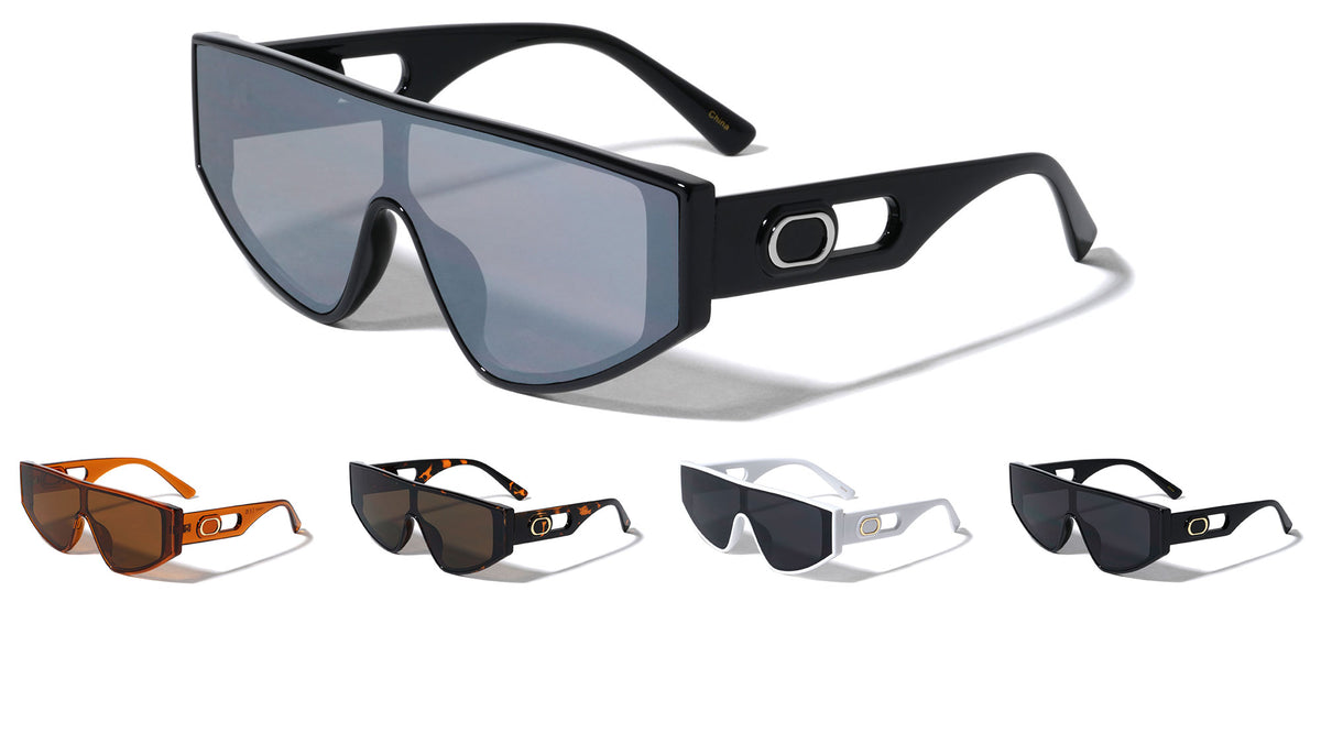 Oval Temple Cutout Flat Top One Piece Shield Wholesale Sunglasses