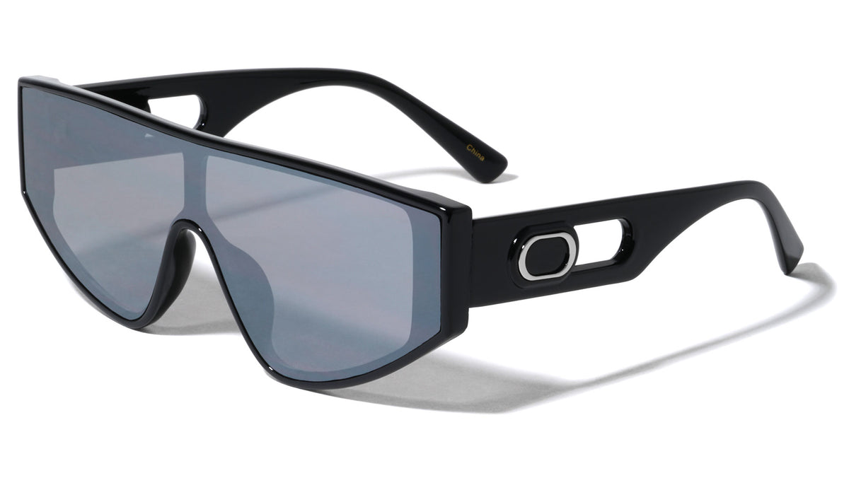 Oval Temple Cutout Flat Top One Piece Shield Wholesale Sunglasses