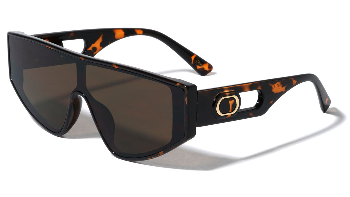 Oval Temple Cutout Flat Top One Piece Shield Wholesale Sunglasses