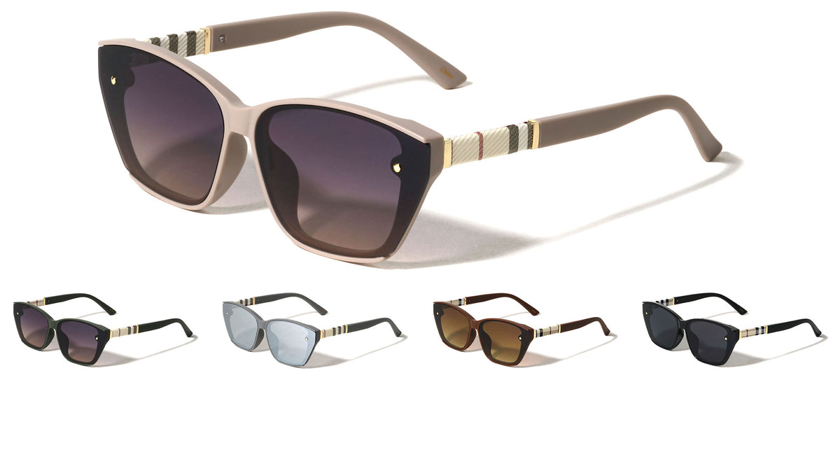 Beige Check Temple Pattern Dot Studded Fashion Butterfly Wholesale Sunglasses