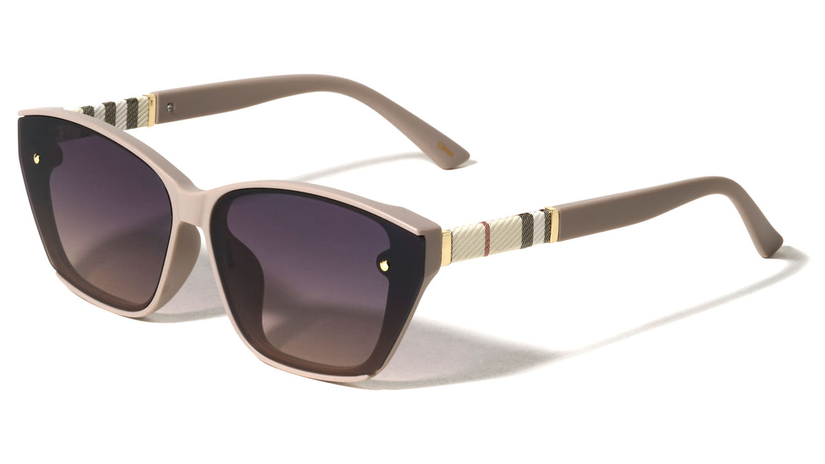 Beige Check Temple Pattern Dot Studded Fashion Butterfly Wholesale Sunglasses