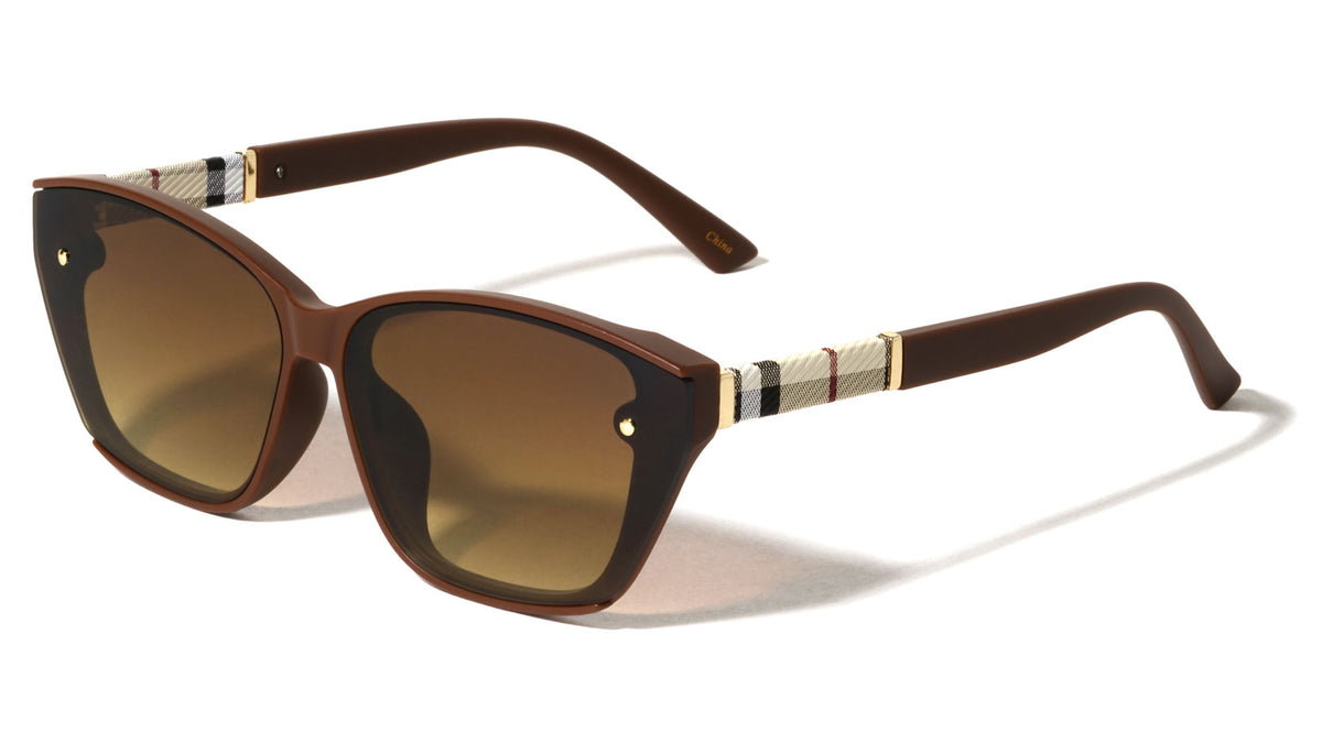 Beige Check Temple Pattern Dot Studded Fashion Butterfly Wholesale Sunglasses