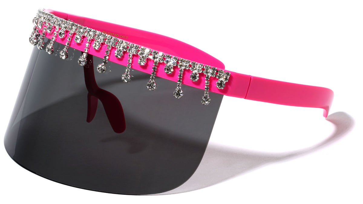 Super Dark Lens One Piece Shield Rhinestone Visor Wholesale Sunglasses