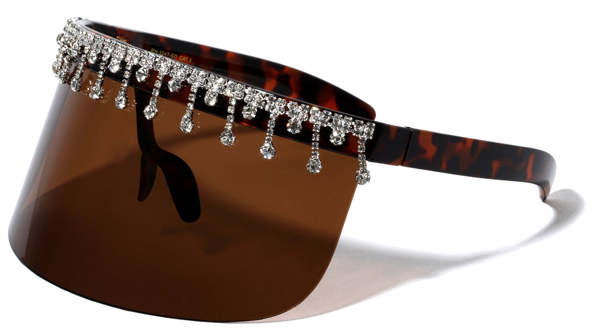 Super Dark Lens One Piece Shield Rhinestone Visor Wholesale Sunglasses