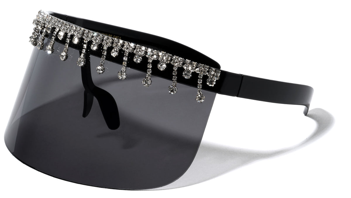 Super Dark Lens One Piece Shield Rhinestone Visor Wholesale Sunglasses