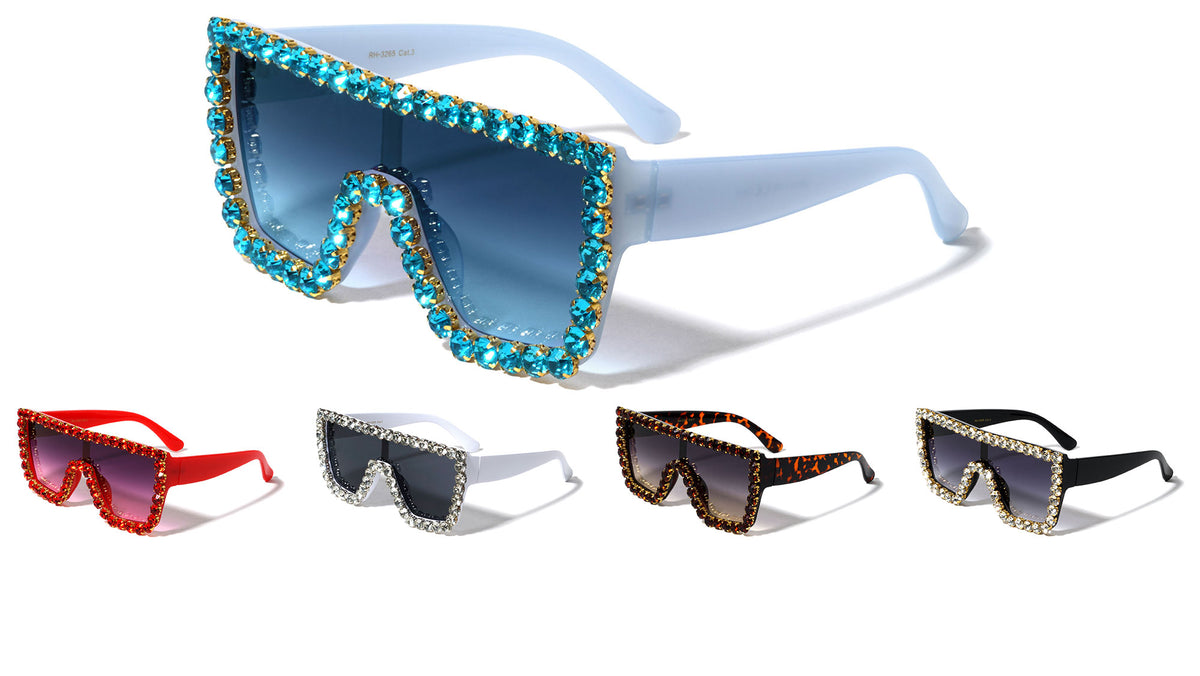 Rhinestone Flat Top Oversized Shield Wholesale Sunglasses