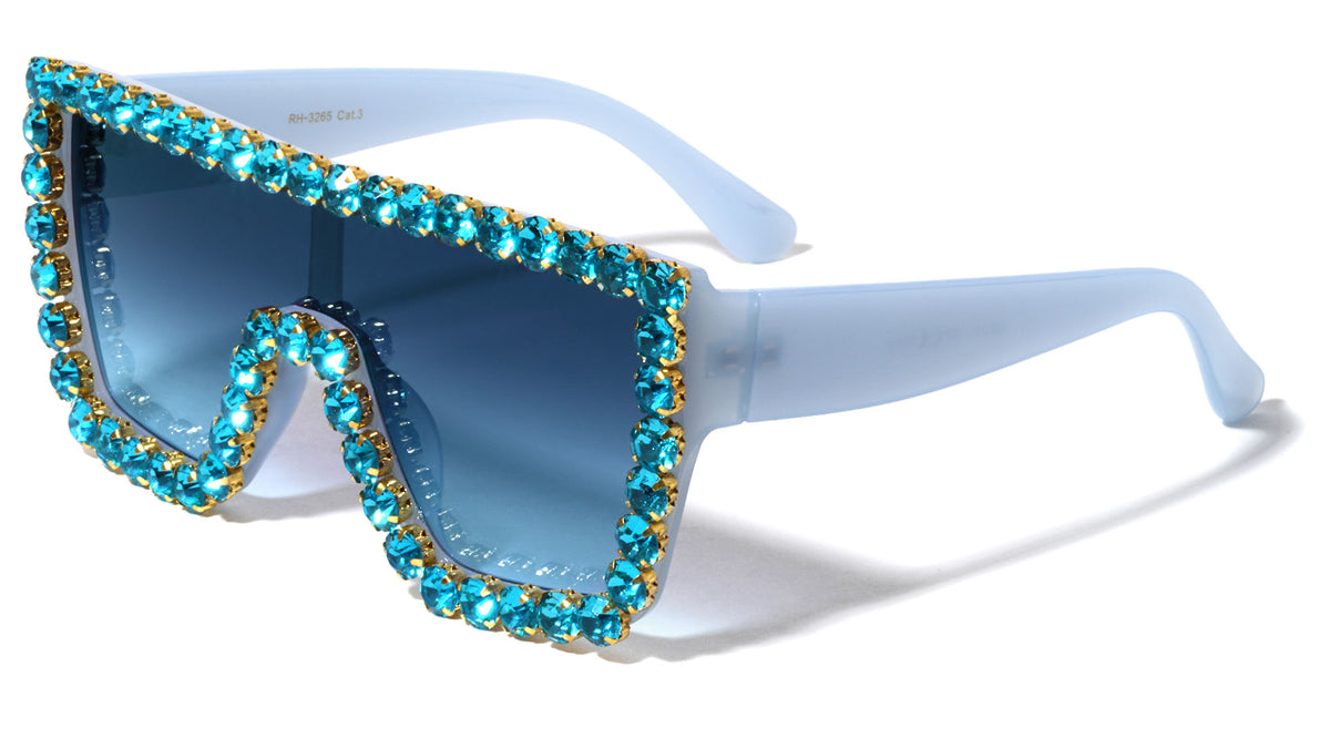 Rhinestone Flat Top Oversized Shield Wholesale Sunglasses