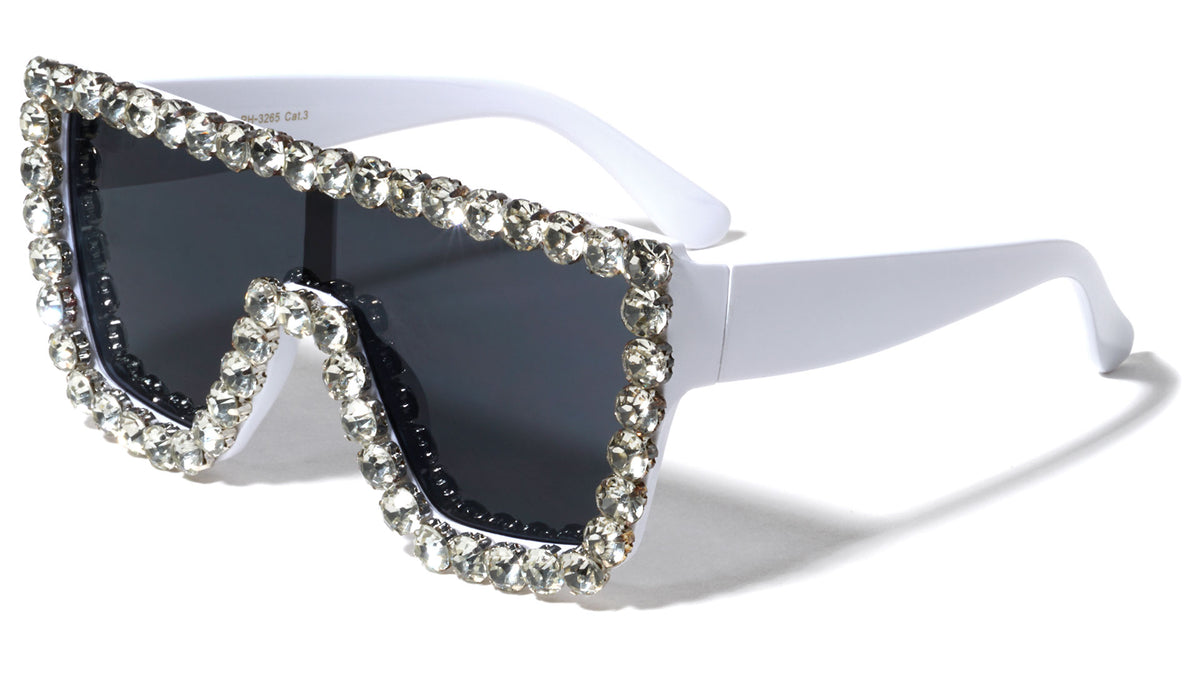 Rhinestone Flat Top Oversized Shield Wholesale Sunglasses