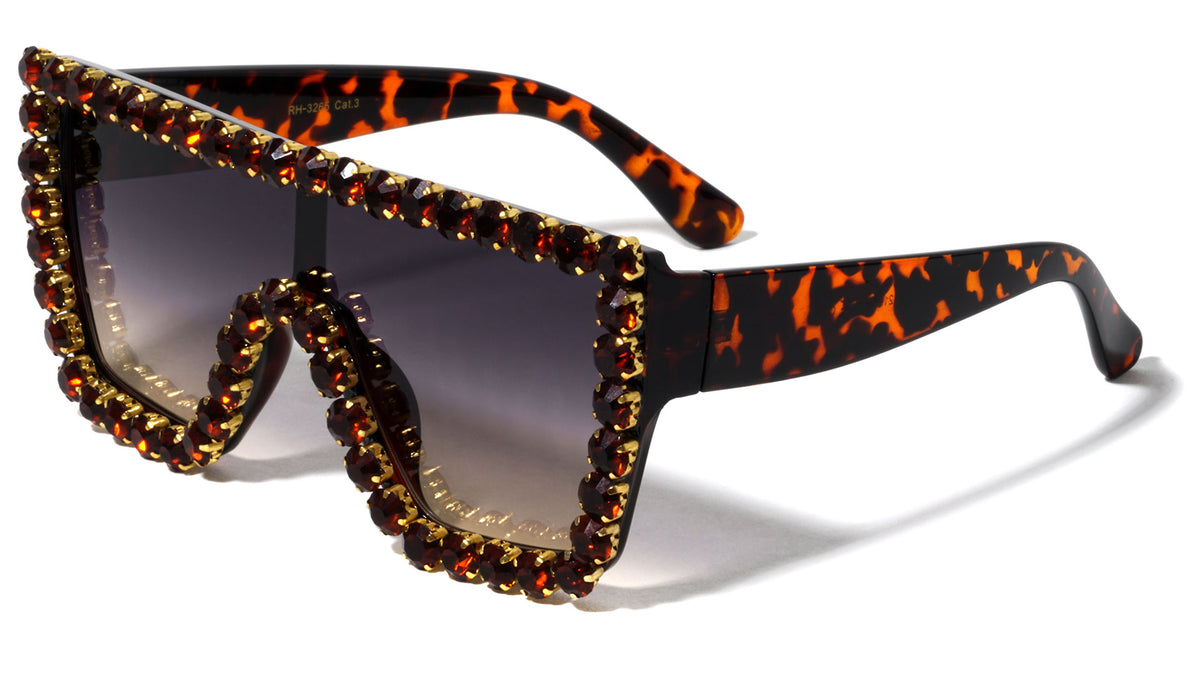 Rhinestone Flat Top Oversized Shield Wholesale Sunglasses