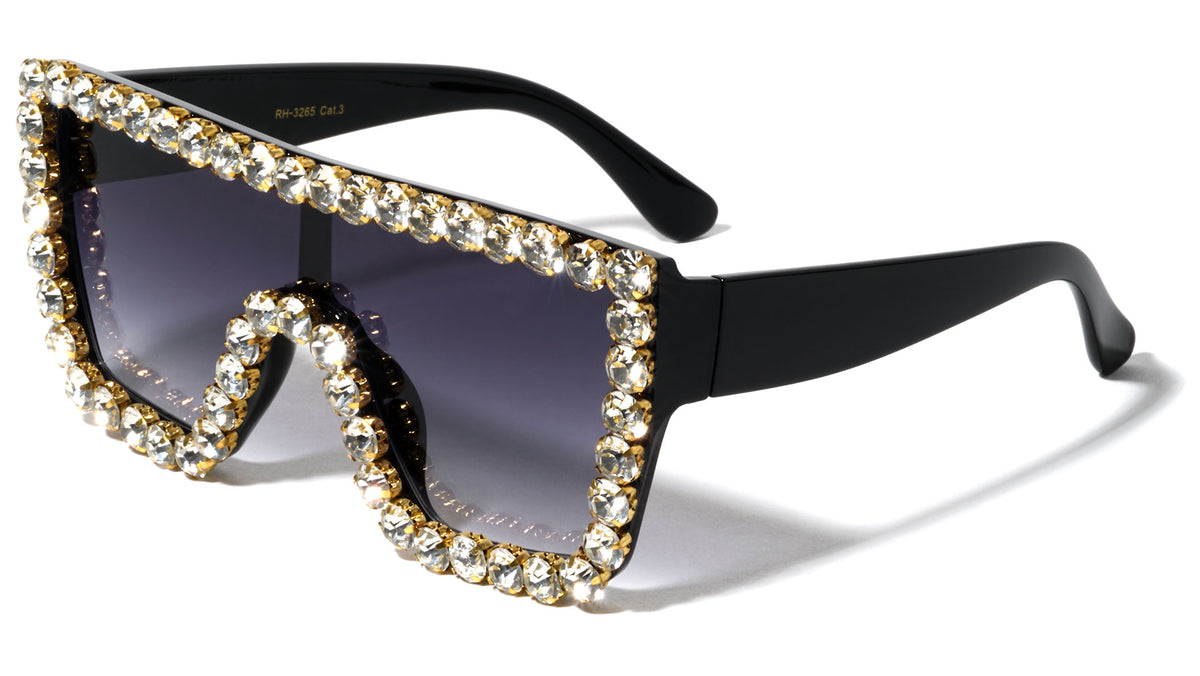 Rhinestone Flat Top Oversized Shield Wholesale Sunglasses