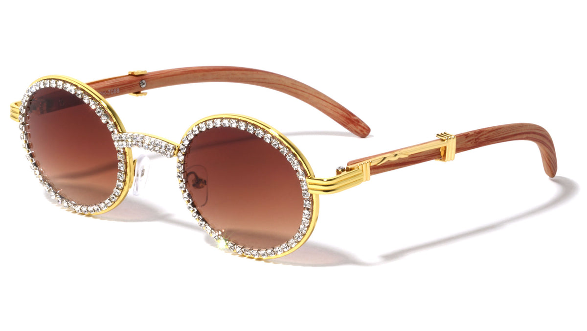 Diamond Rhinestone Wood Pattern Oval Wholesale Sunglasses