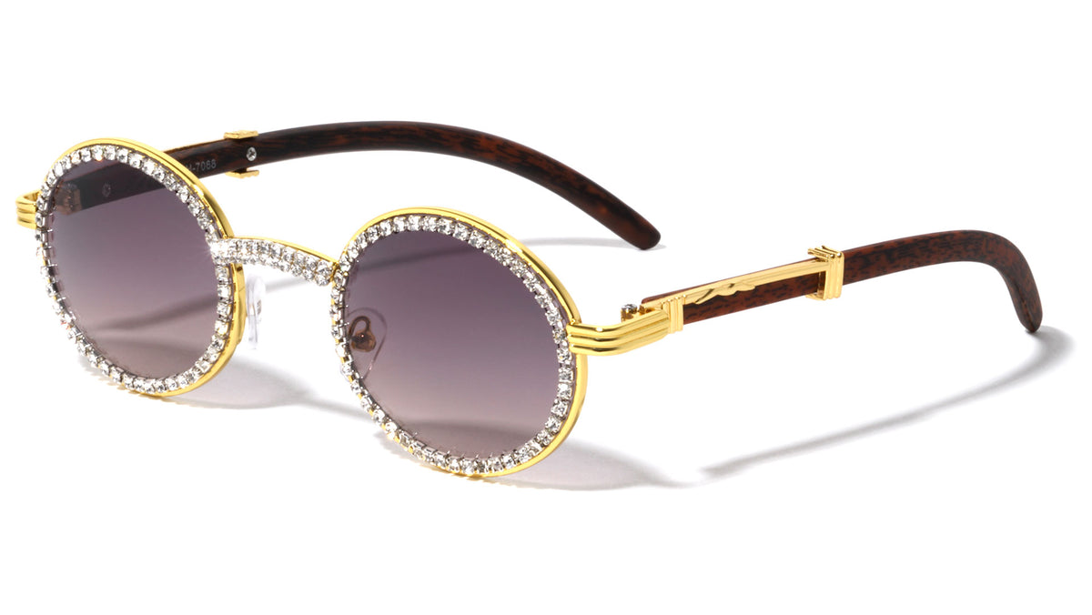 Diamond Rhinestone Wood Pattern Oval Wholesale Sunglasses