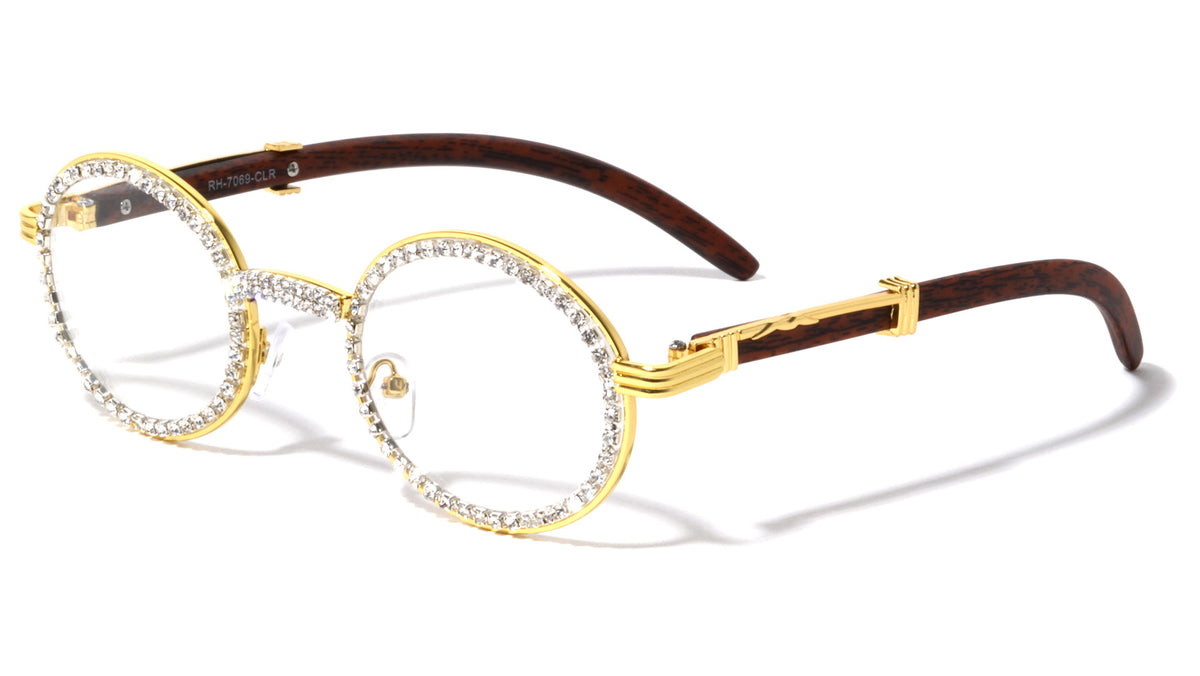 Diamond Rhinestone Wood Pattern Clear Lens Oval Wholesale Eyewear