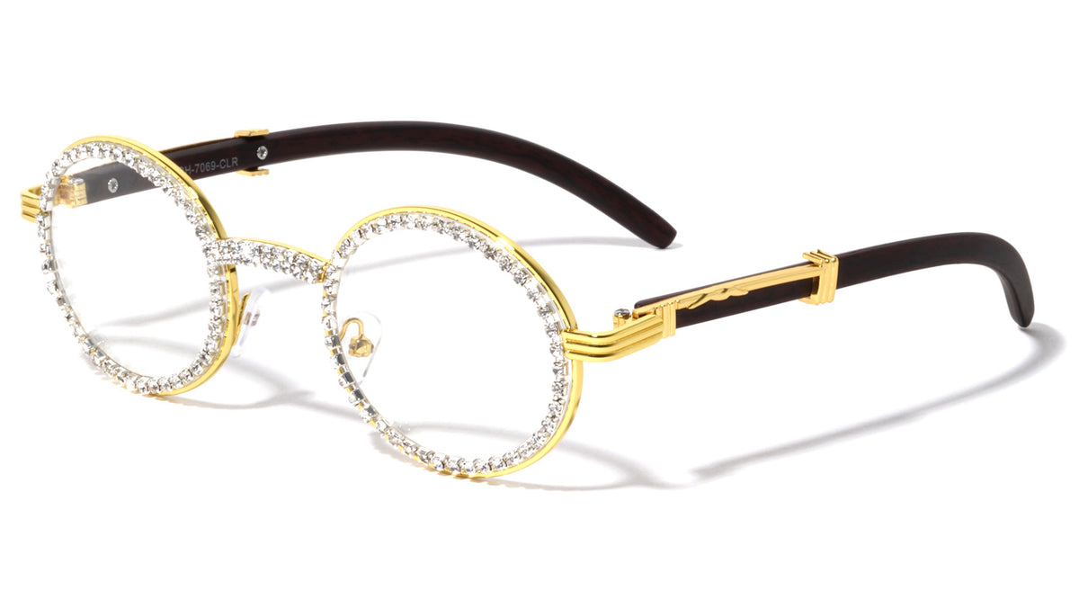 Diamond Rhinestone Wood Pattern Clear Lens Oval Wholesale Eyewear