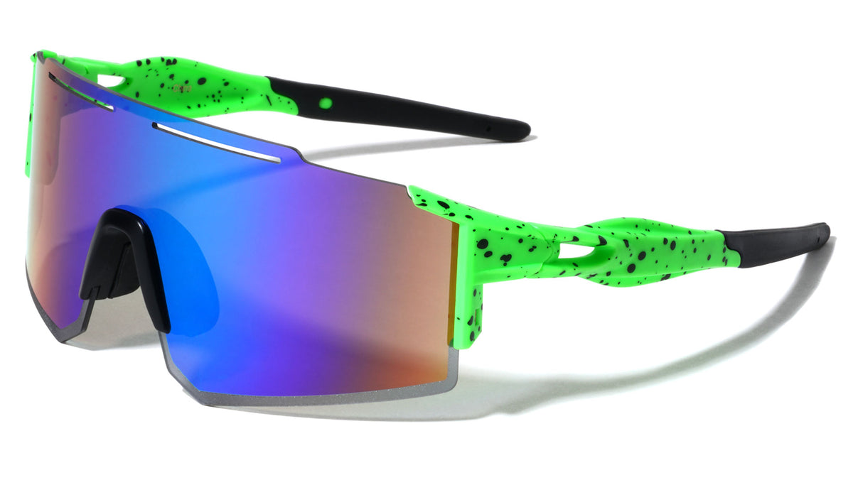 Rubber Tips Color Mirror One Piece Shield Ink Splatter Sports Wholesale Sunglasses