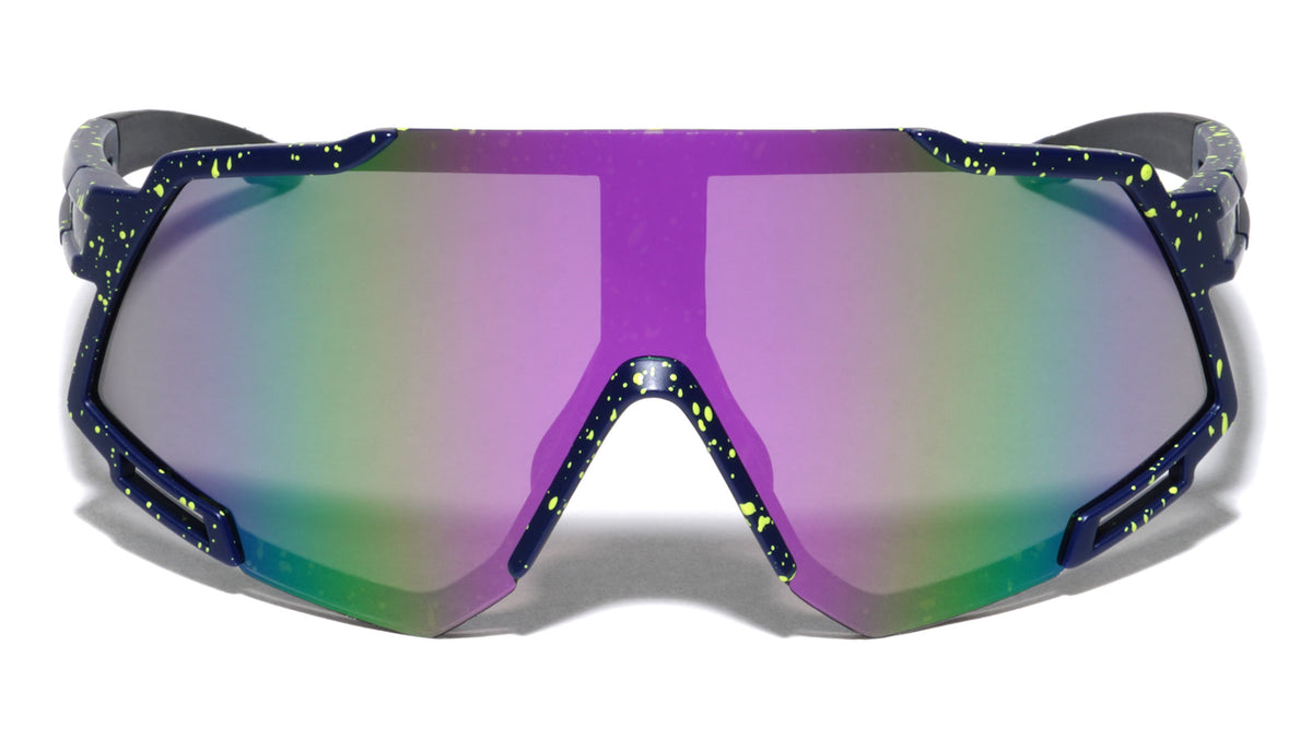 Color Mirror One Piece Shield Lens Rubber Grip Ink Splatter Sports Wholesale Sunglasses