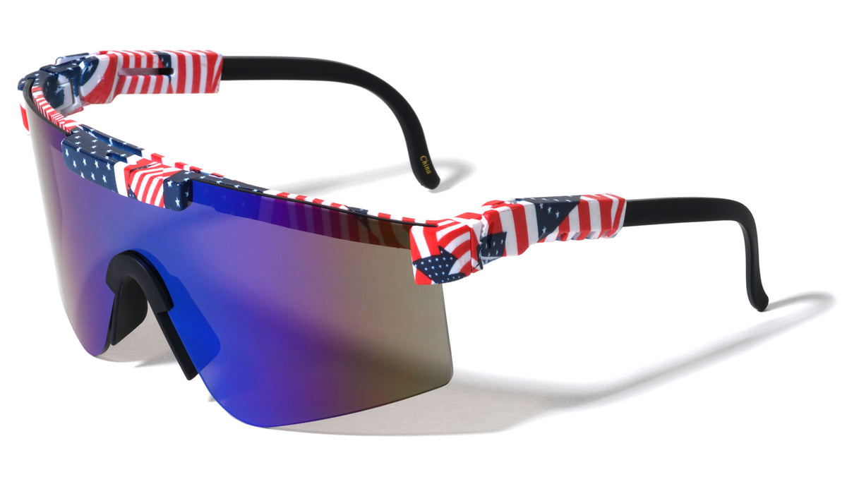 American Flag Print Adjustable Temple Color Mirror One Piece Shield Sports Wholesale Sunglasses