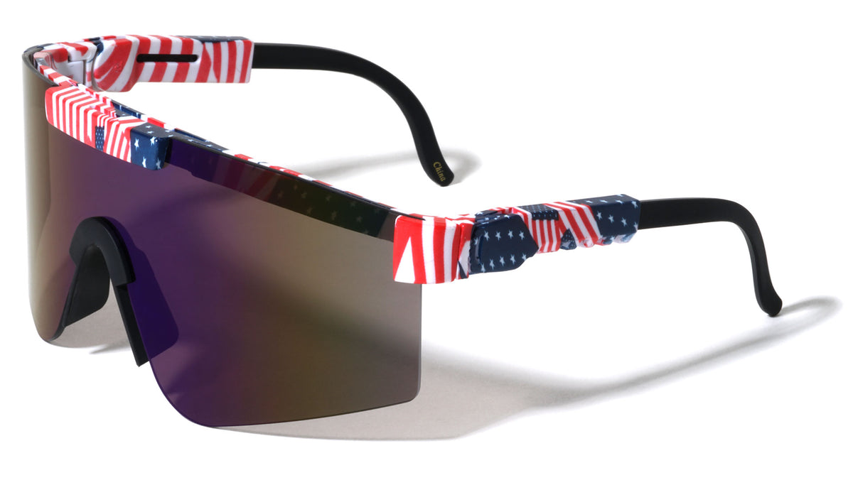 American Flag Print Adjustable Temple Color Mirror One Piece Shield Sports Wholesale Sunglasses