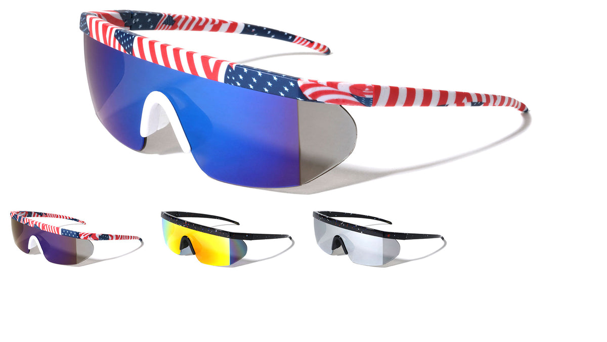 American Flag Print Color Mirror One Piece Shield Rectangle Wholesale Sunglasses