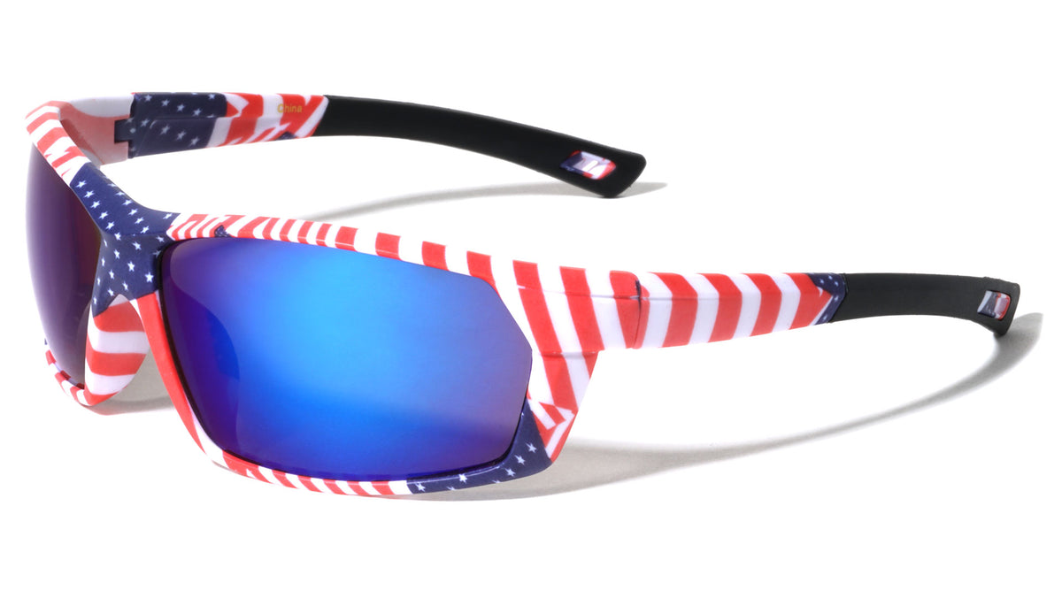 American Flag Print Color Mirror Rectangle Sports Wholesale Sunglasses