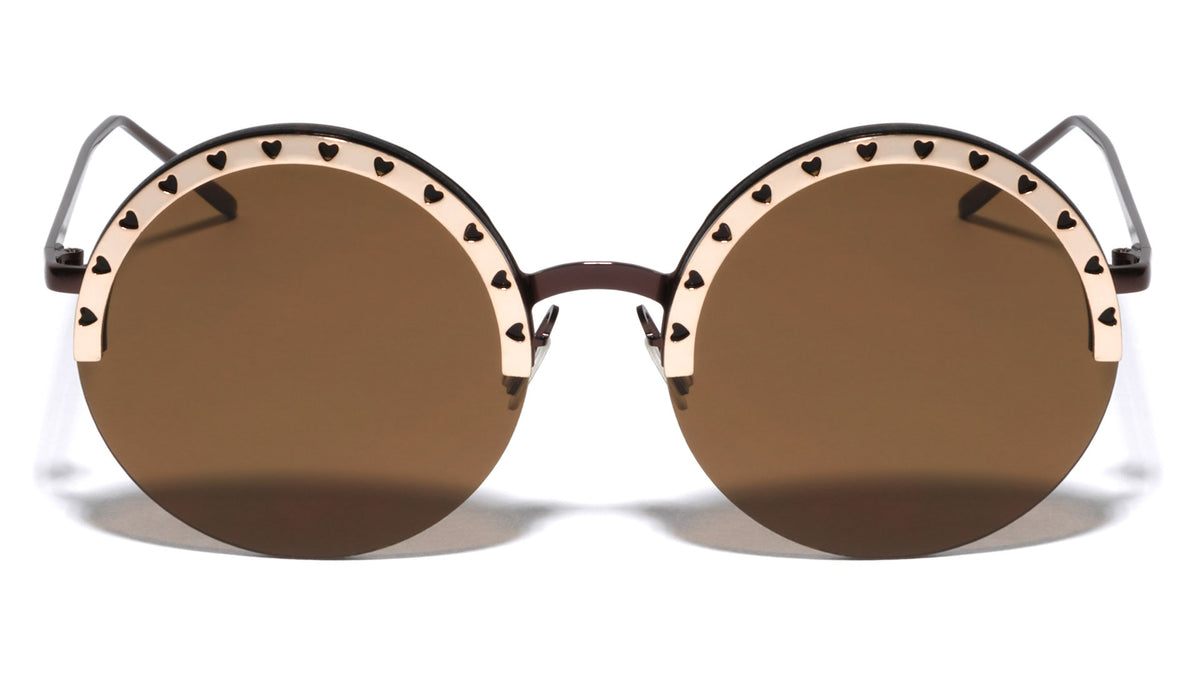 Semi Rimless Heart Pattern Brow Cutout Round Wholesale Sunglasses