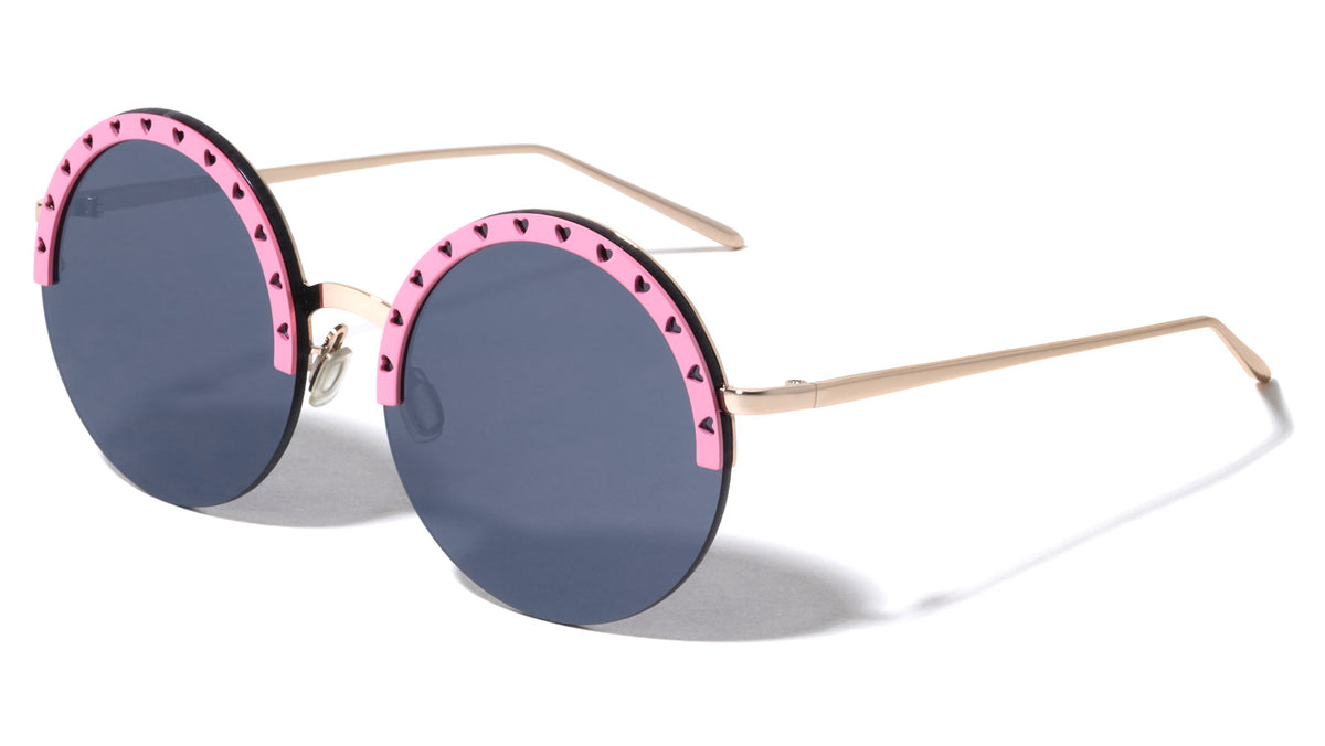 Semi Rimless Heart Pattern Brow Cutout Round Wholesale Sunglasses