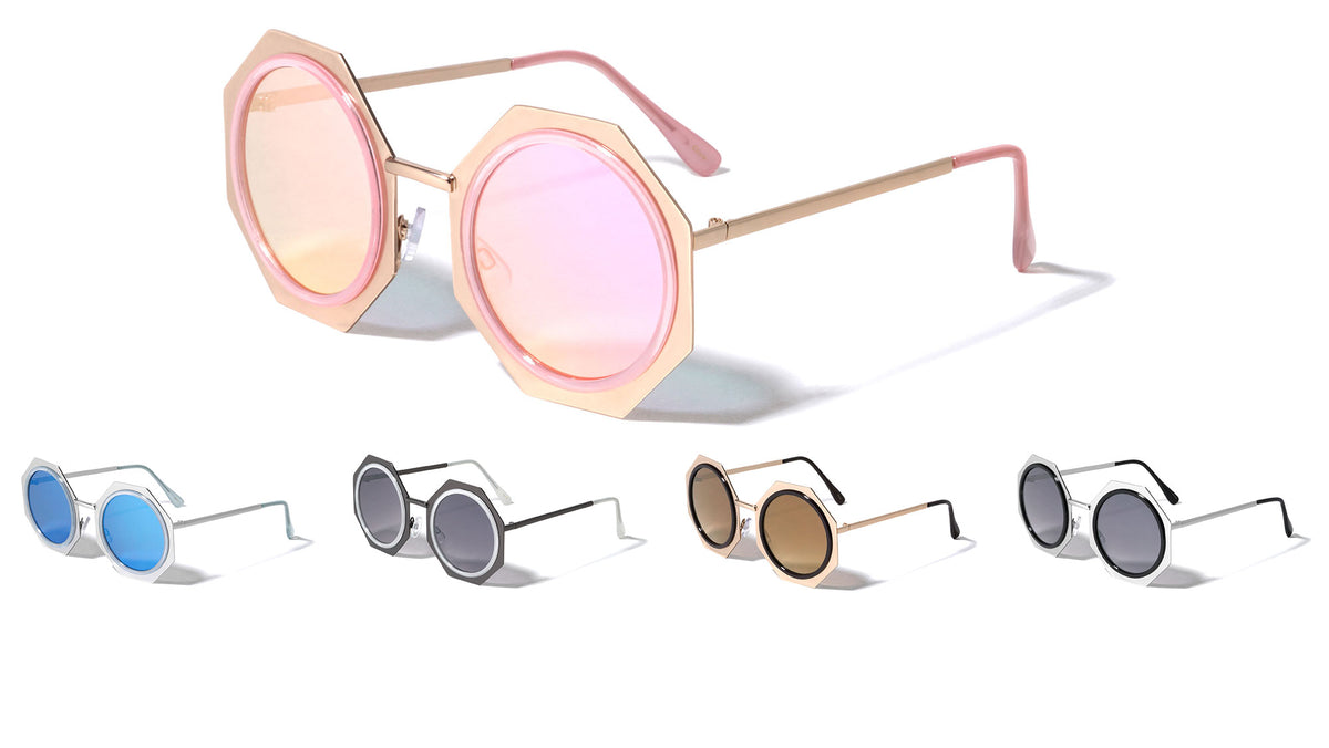 Round Octagon Flat Rim Color Mirror Wholesale Sunglasses