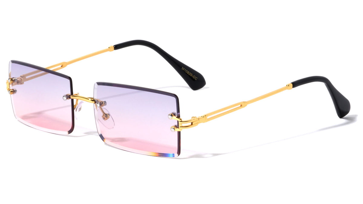 Oceanic Color Rimless Diamond Edge Cut Lens Rectangle Wholesale Sunglasses