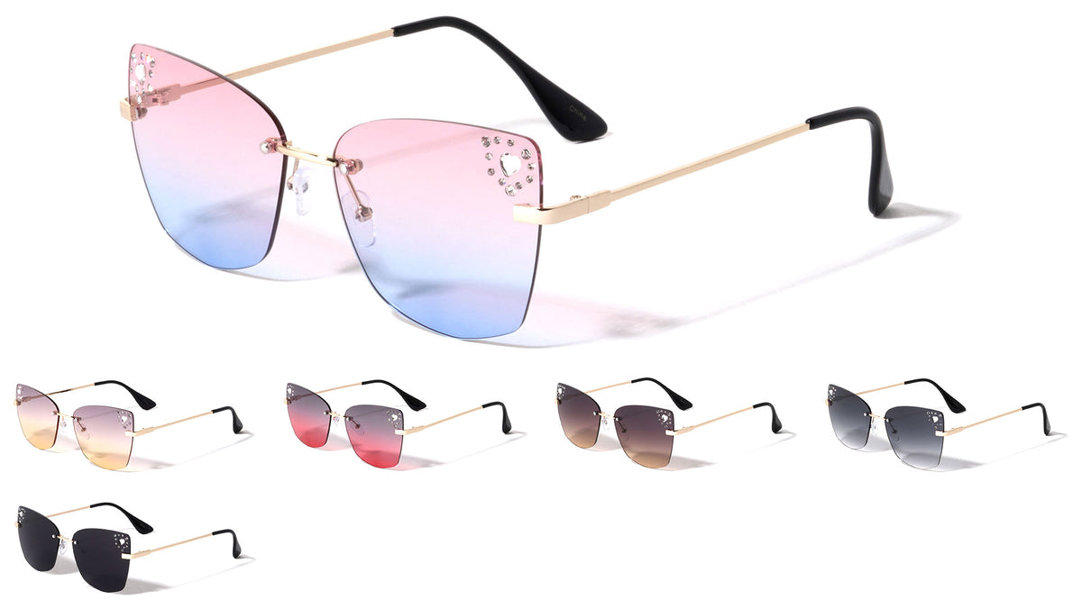 Heart Rhinestone Rimless Cat Eye Wholesale Sunglasses