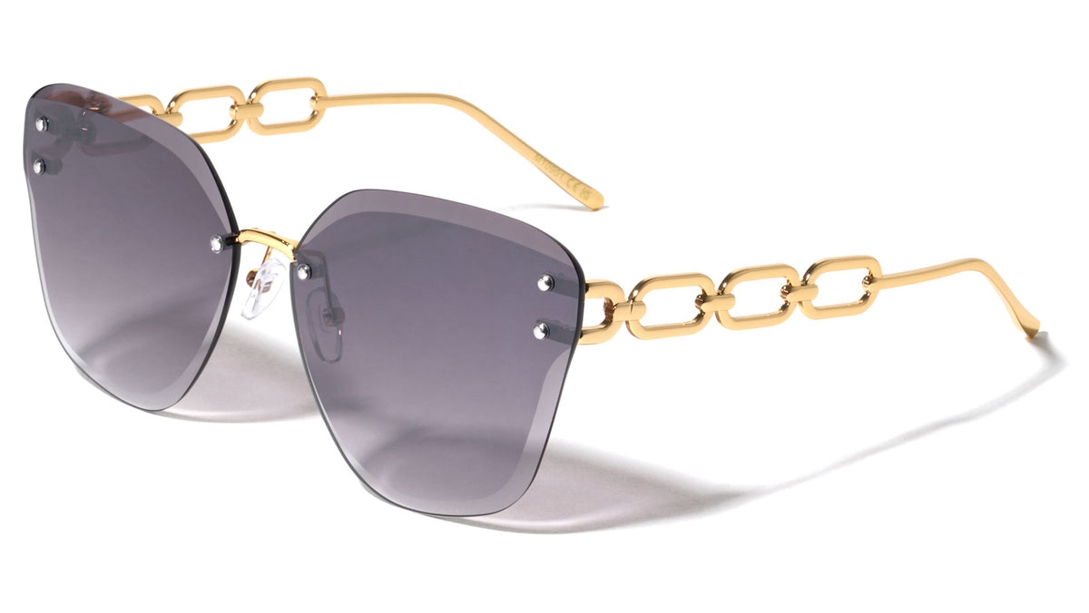 Large Chain Temple Rimless Diamond Edge Cut Cat Eye Wholesale Sunglasses