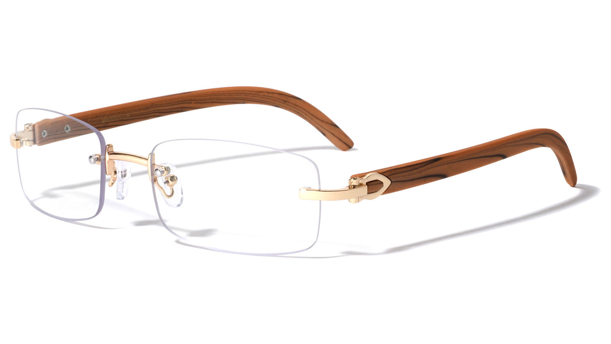 Rectangle Rimless Clear Lens Wood Pattern Glasses