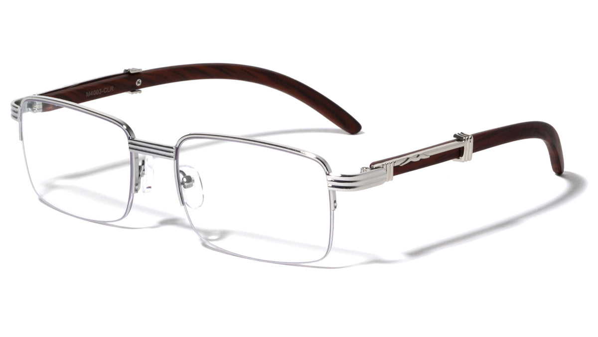 Semi Rimless Rectangle Clear Lens Wood Pattern Glasses Wholesale