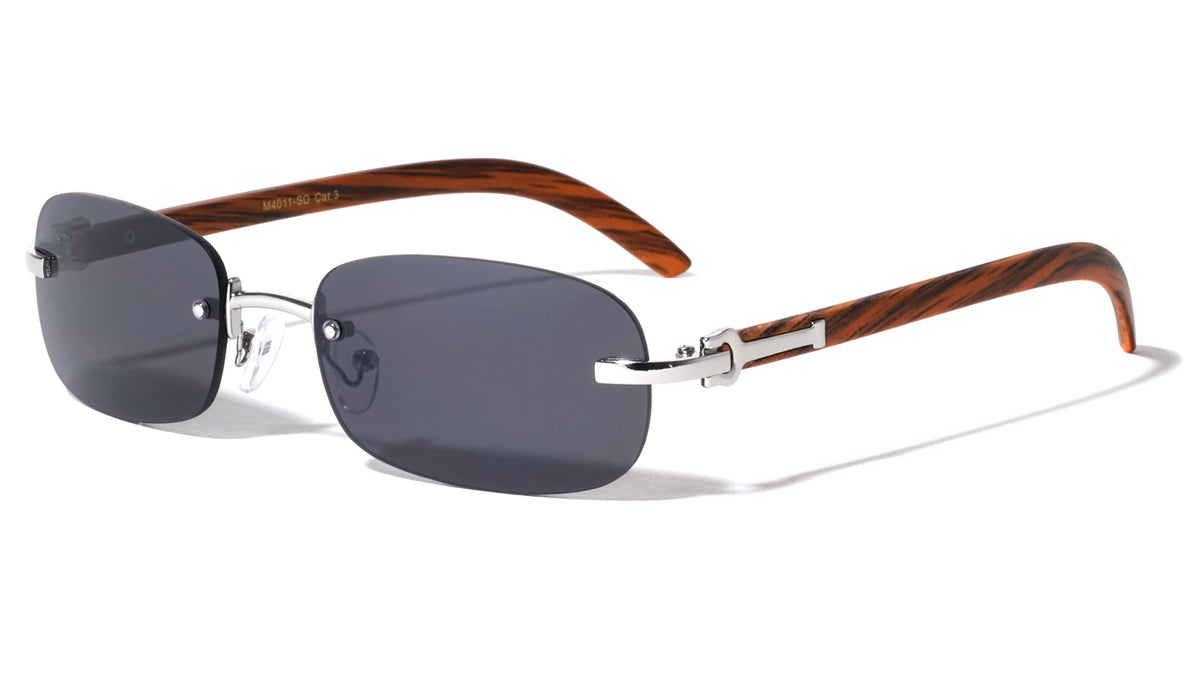 Rimless Rectangle Sunglasses with Super Dark Lens and Wood Pattern