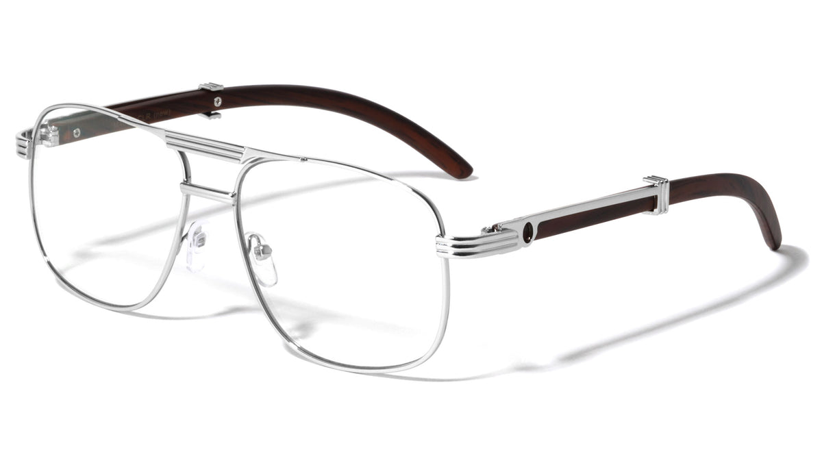 Squared Aviators Clear Lens Wood Pattern Glasses Wholesale