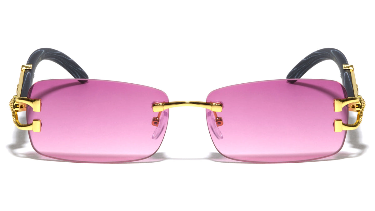 Rimless Color Lens Jaguar Hinge Wood Temple Rectangle Wholesale Sunglasses