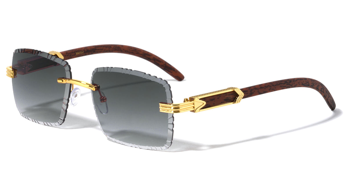 Rimless Diamond Edge Cut Lens Wood Temple Rectangle Wholesale Sunglasses