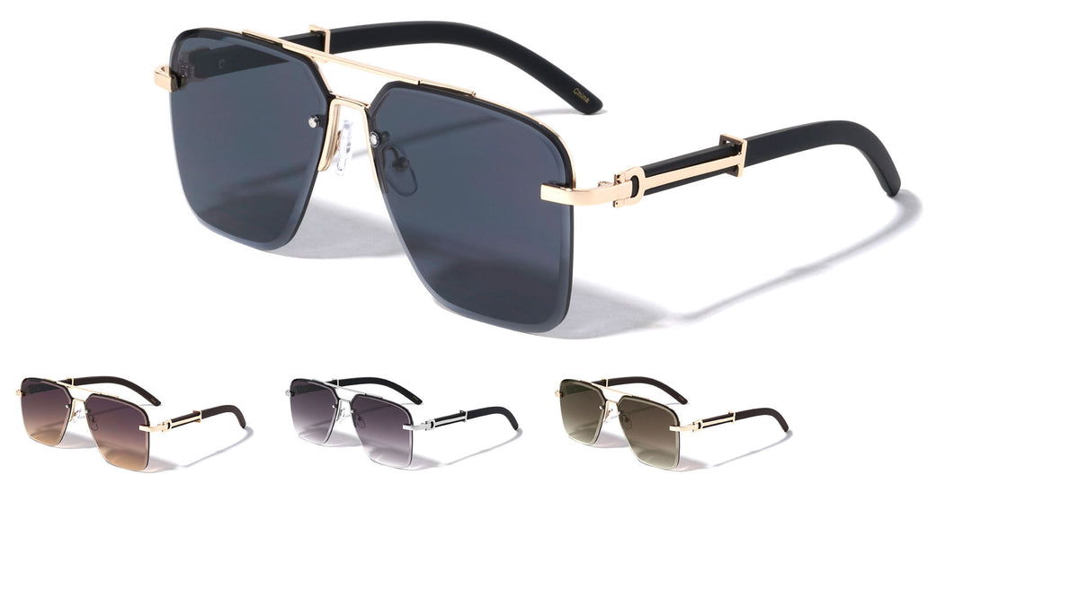Rimless Diamond Edge Cut Lens Wood Temple Squared Aviators Wholesale Sunglasses