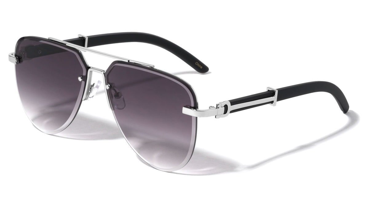 Rimless Diamond Edge Cut Lens Wood Temple Aviators Wholesale Sunglasses
