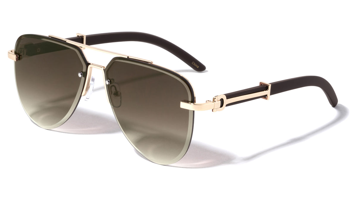 Rimless Diamond Edge Cut Lens Wood Temple Aviators Wholesale Sunglasses