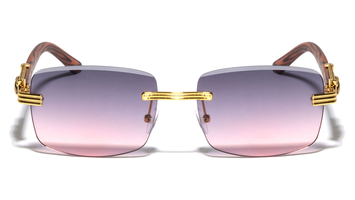 Rimless Diamond Edge Cut Lens Jaguar Hinge Wood Temple Rectangle Wholesale Sunglasses