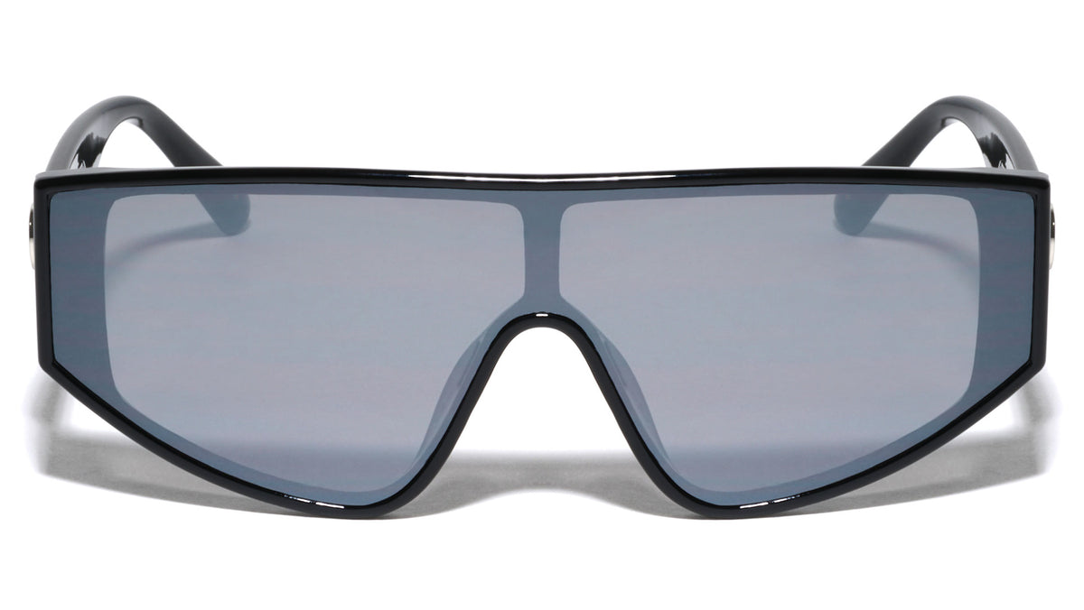 Oval Temple Cutout Flat Top One Piece Shield Wholesale Sunglasses