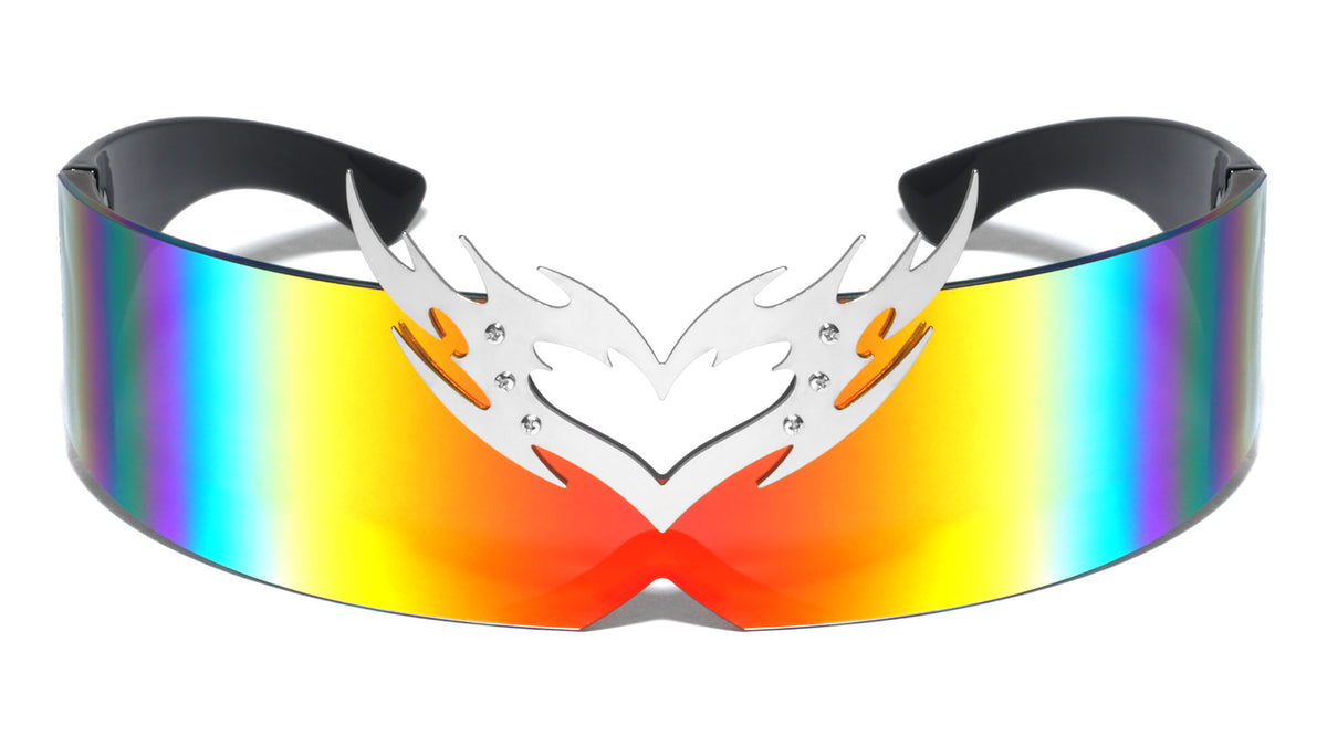 Red Fire Metal Cutout Accent Shield Cyclops Futuristic Wrap Around Wholesale Sunglasses