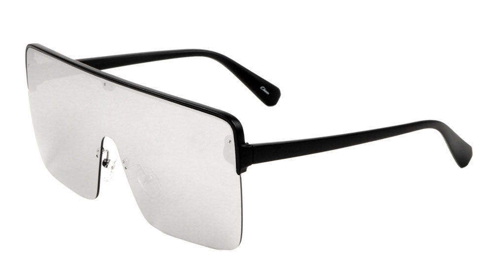 Plastic Flat Top One Piece Semi-Rimless Oversize Sunglasses