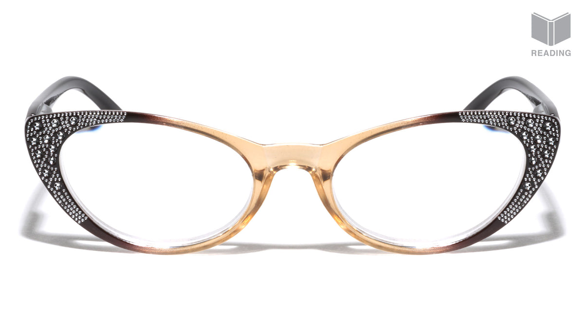 Reading Brown Faux Rhinestone Oval Cat Eye Wholesale Glasses