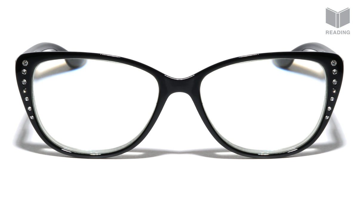 Reading Black Faux Frontal Rhinestone Squared Cat Eye Wholesale Glasses