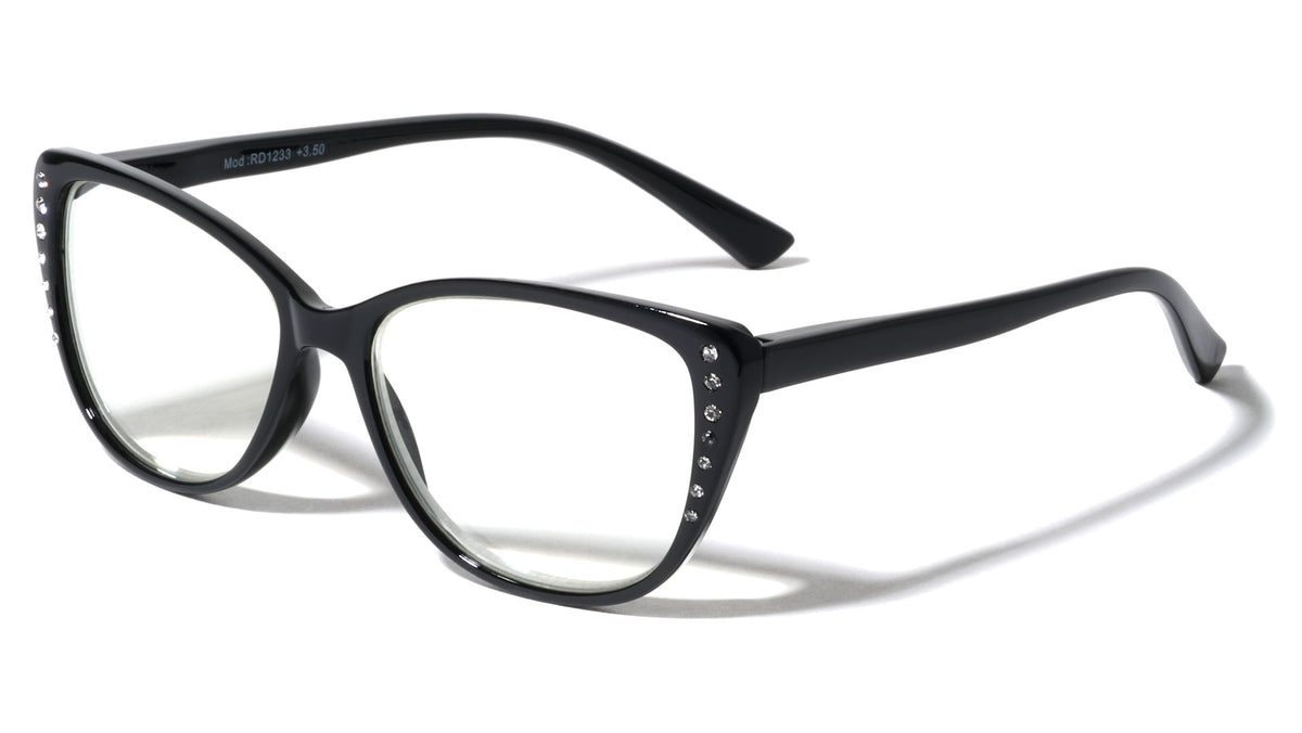 Reading Black Faux Frontal Rhinestone Squared Cat Eye Wholesale Glasses