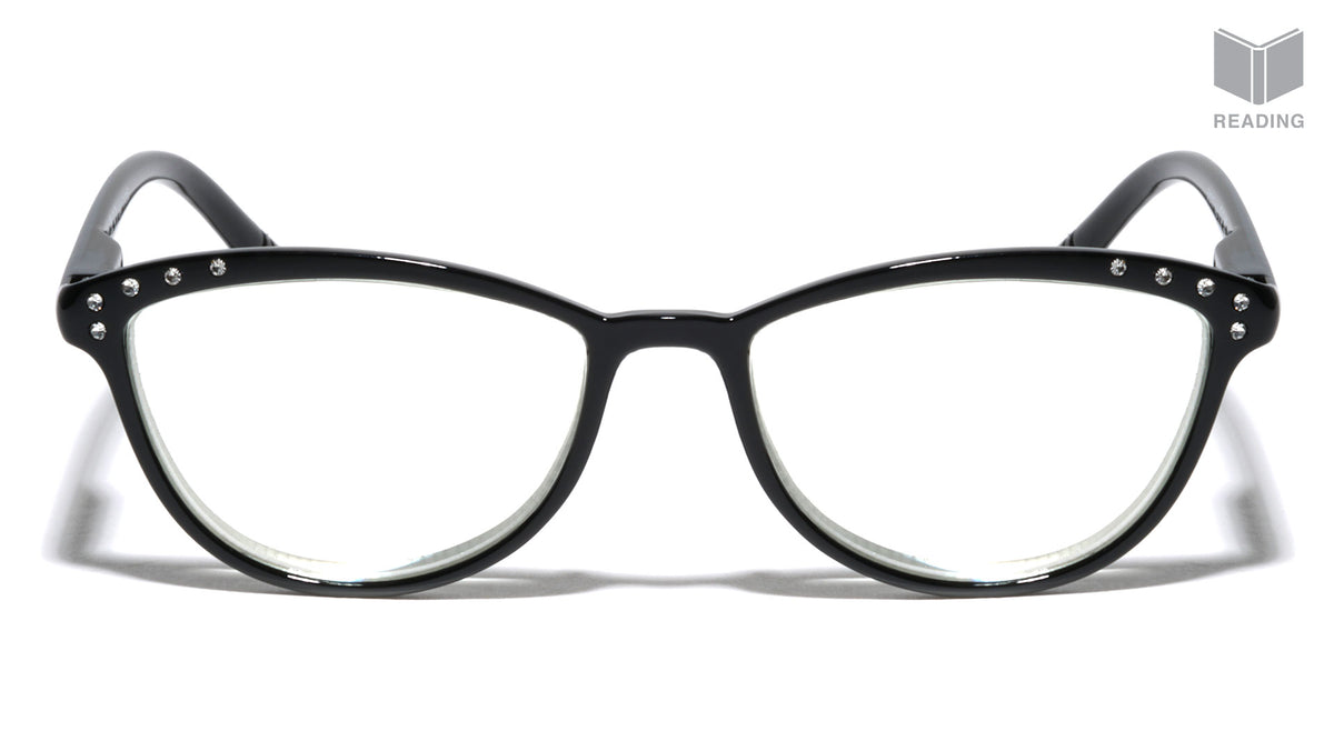 Reading Black Faux Frontal Rhinestone Oval Cat Eye Wholesale Glasses