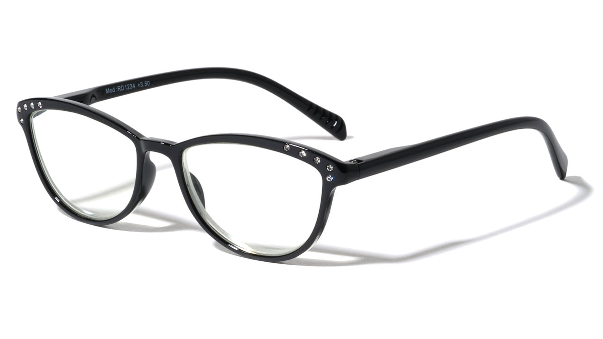 Reading Black Faux Frontal Rhinestone Oval Cat Eye Wholesale Glasses
