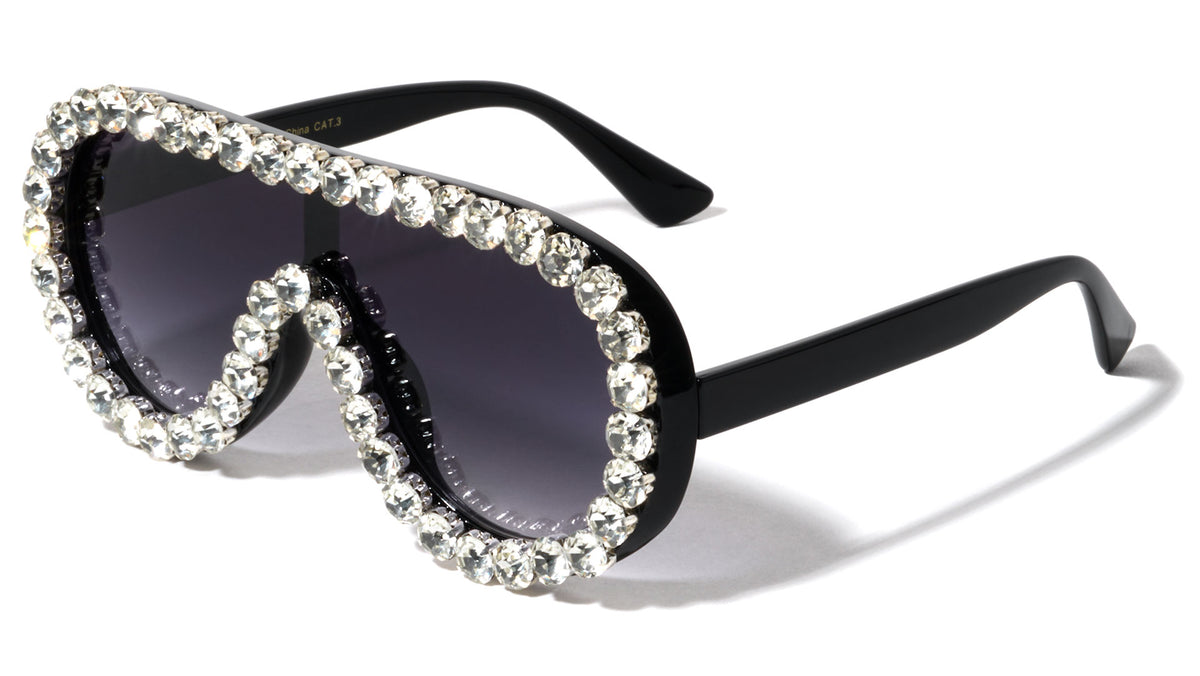 Diamond Rhinestone Flat Top Shield Aviator Wholesale Sunglasses
