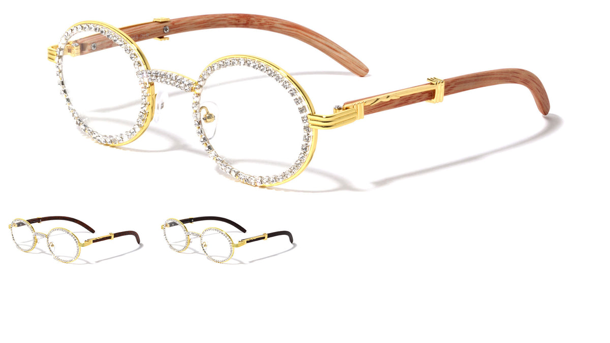 Diamond Rhinestone Wood Pattern Clear Lens Oval Wholesale Eyewear